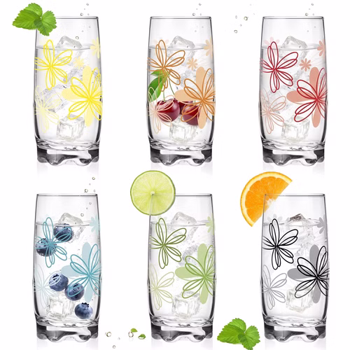 PLATINUX Trinkgläser mit Blumen Dekor Set 6 Teilig 350ml (max.390ml) Wassergläser Saftgläser mit geformten Boden