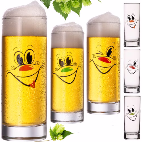 PLATINUX Kölschgläser aus Glas 300ml (max. 335ml) Set 6 Teilig mit lustigen Gesichtern Biergläser