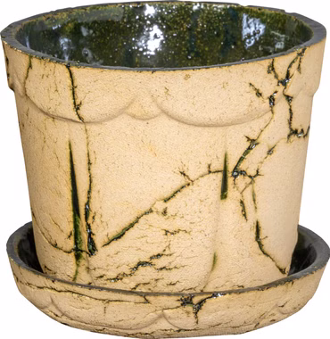 PLATINUX Steingut Blumentopf mit Untersetzer & Abflussloch 14,6x12,3cm Handarbeit Klein Grün