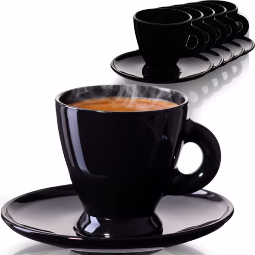 PLATINUX Espressotassen Set – 6 schwarze Espressogläser mit Untertassen aus Glas 93 ml