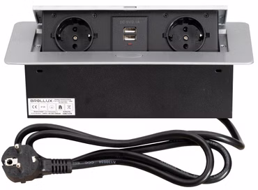 Brollux Einbausteckdose versenkbar 2-fach mit USB Silber mit Softöffnung Alu Sprizguss mit 1,5m Anschlusskabel