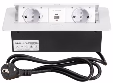 Brollux Einbausteckdose versenkbar 2-fach mit USB & USBC weiß mit Softöffnung Alu Sprizguss mit 1,5m Anschlusskabel