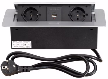 Brollux Einbausteckdose versenkbar 2-fach mit USB & USBC Silber mit Softöffnung Alu Sprizguss mit 1,5m Anschlusskabel