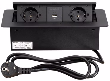 Brollux Einbausteckdose versenkbar 2-fach mit USB & USBC Schwarz mit Softöffnung Alu Sprizguss mit 1,5m Anschlusskabel