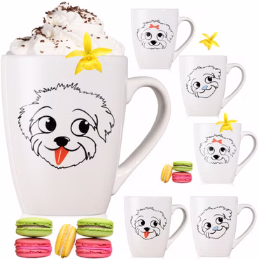 PLATINUX Kaffeetassen mit Griff Set 6 Teilig mit Hunde Motiv 250ml Teetasse Tasse