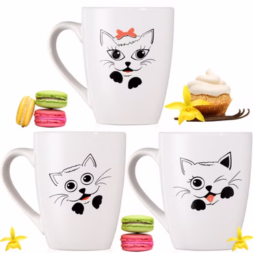 PLATINUX Kaffeetassen mit Griff Set 3 Teilig mit Katzen Motiv Teetasse 250ml Tasse