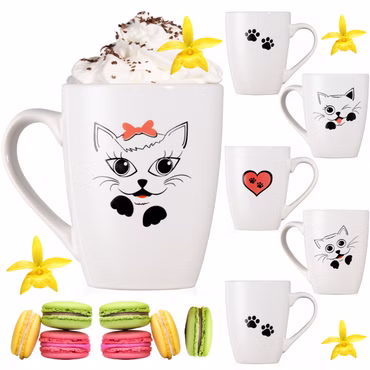 PLATINUX Kaffeetassen mit Griff Set 6 Teilig mit Katzen Motiv Teetasse 250ml Tasse
