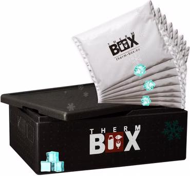 THERM BOX Styroporbox B53 mit 8x Kühlakku 53L für E2 Kiste Kühlbox Innen: 62,5x42,5x22cm Transportbox Wiederverwendbar