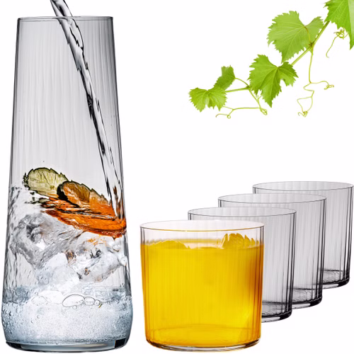 IMPERIAL Karaffe mit 4 Trinkgläsern geriffelt - 1240ml und 350ml aus Crystalline Glas "London" Spülmaschinengeeignet