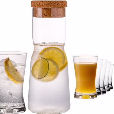 PLATINUX Karaffe mit Korkenverschluss und 6 Trinkgläsern X-Form 1000ml / 200ml aus Crystalline Glas "CrossLine"  Spülmaschinenfest