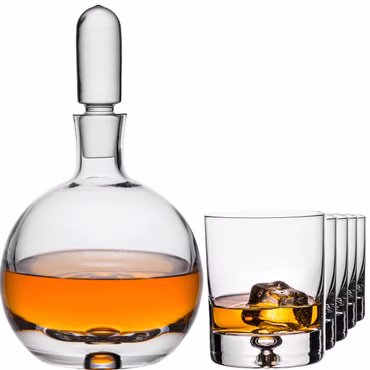IMPERIAL Whiskeykaraffe mit Glasstopfen und 6 Whiskeygläser – Handgefertigtes Karaffen Set aus Crystalline Glas mit Luftblase im Boden "Lissabon"