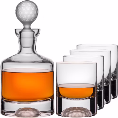 IMPERIAL Whisky Karaffe und Gläser Set – Crystalline Glas mit Golfball Design – handgefertigtes 5-teiliges Geschenkset für Golfer und Whiskey Liebhaber mit Geschenkverpackung