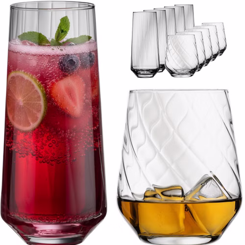 IMPERIAL Trinkgläser 12er Set - Strukturierte Gläser geriffelt aus Crystalline Glas 420ml & 430ml "London/Cali"