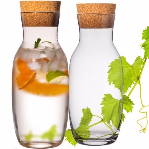 PLATINUX 2x Glaskaraffe 1 L mit Korken aus Glas Spülmaschinenfest