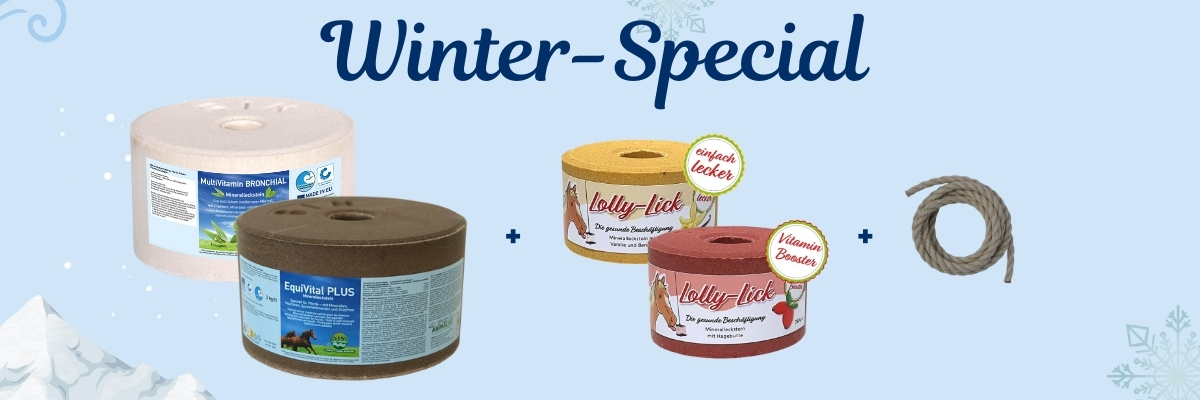     [Paket] Lecksteine-Set WINTER-SPECIAL mit MultiVitamin BRONCHIAL, EquiVital PLUS, Lolly-Lick Hagebutte und Lolly-Lick Vanilla-Banane inkl. Aufhäng-Seil