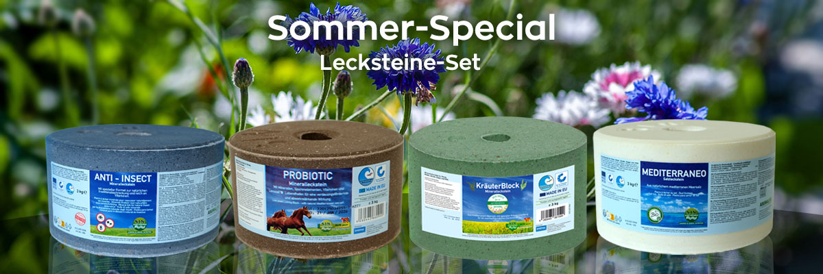     [Paket] SOMMER-SPECIAL Lecksteine-Set, 4x 3kg, mit Anti-Insect, Probiotic, Kräuterblock, Mediterraneo